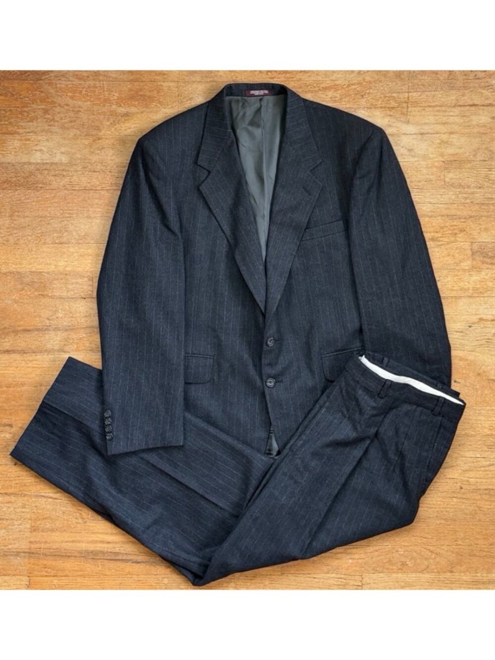 Vintage Mens Charcoal Gray Pinstripe Suit Size 44R Blazer 38x30 Pants 90s Wool D